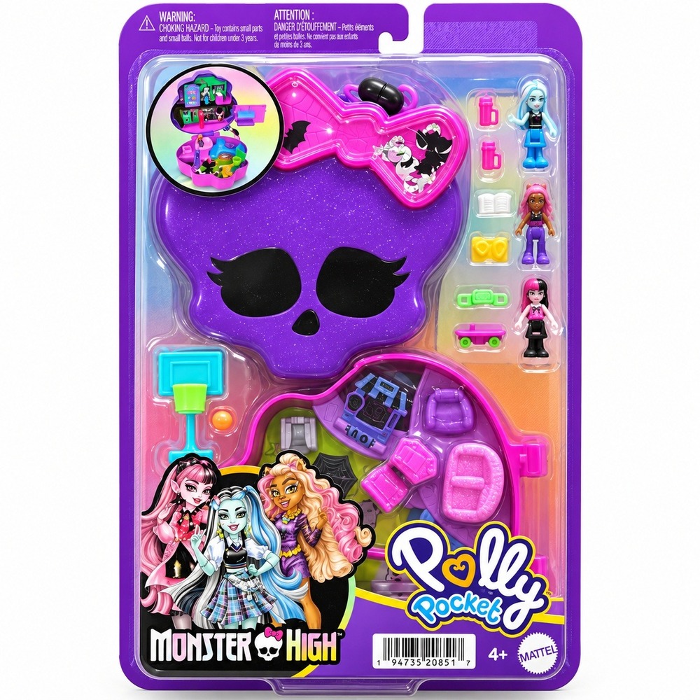 Polly Pocket Monster High Skullette Compact Playset 3 Micro Dolls Mattel NEW